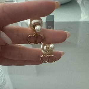 Authentic Dior Pearl Drop Earrings with Gold 'CD' Logo